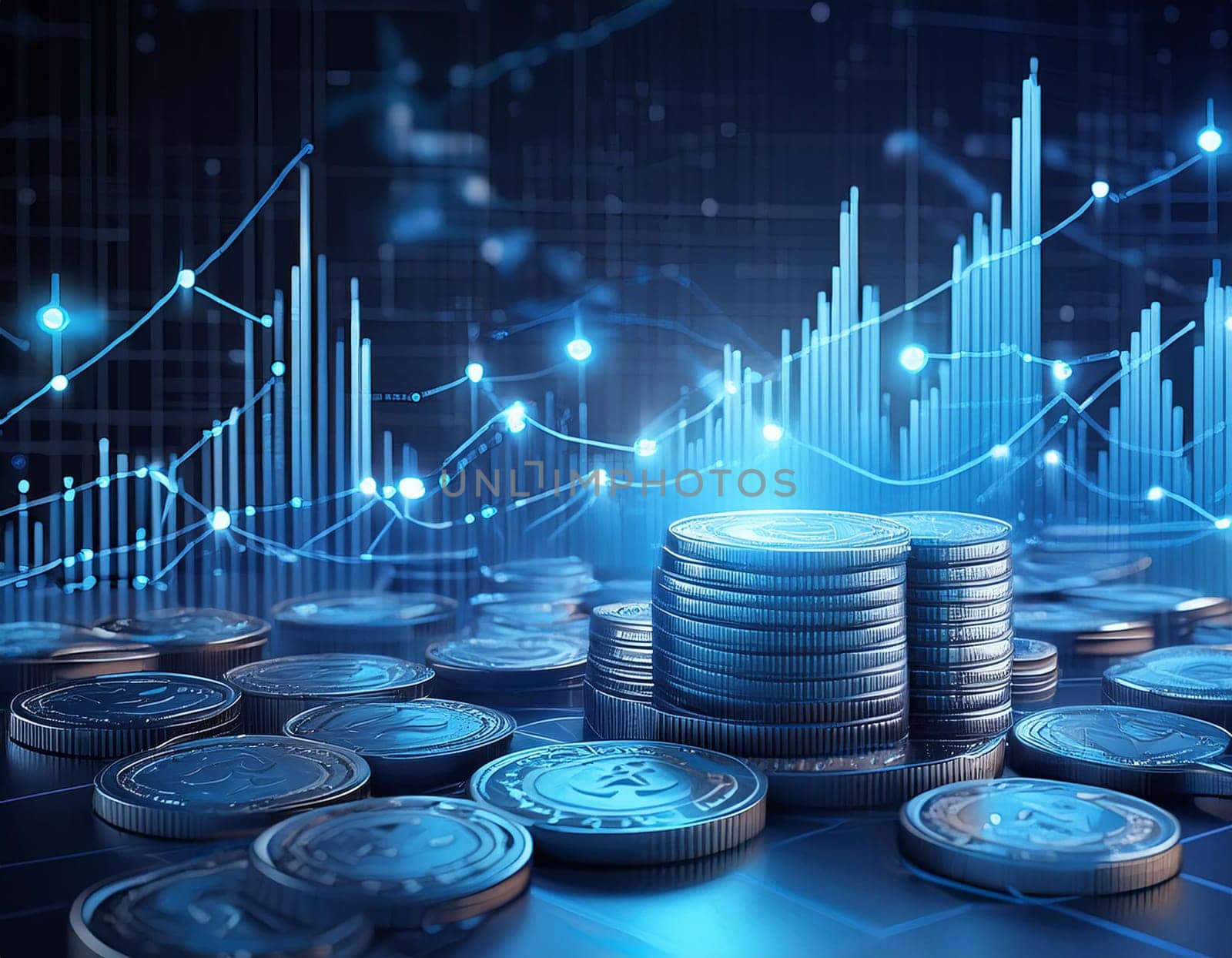 3D coin background with a blue finance graph and investment bar, showcasing growth