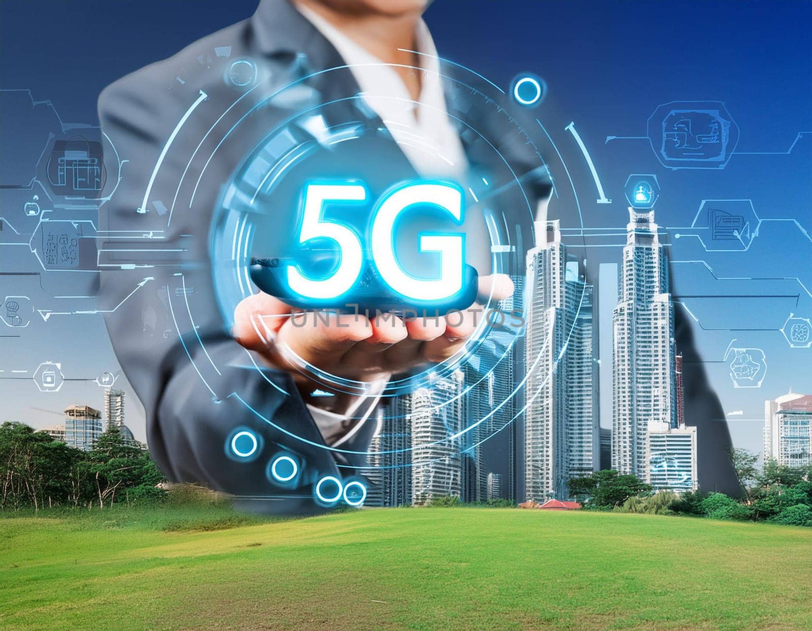 5G wireless network, high speed internet, cloud computing or connect diagram technology