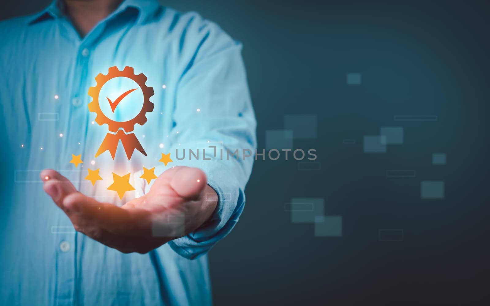 Quality Assurance Concept, Human shows the sign of the top service Quality, Guarantee, Standards, ISO certification and standardization concept, five stars, excellence service, high quality.