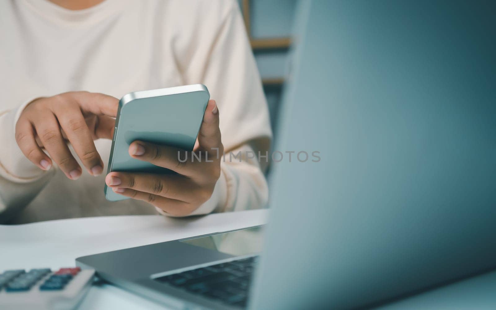 Website page, contact us or email marketing concept, customer support hotline, contact us. Business woman sitting and working on computer. Email, phone, address, chat message icon.