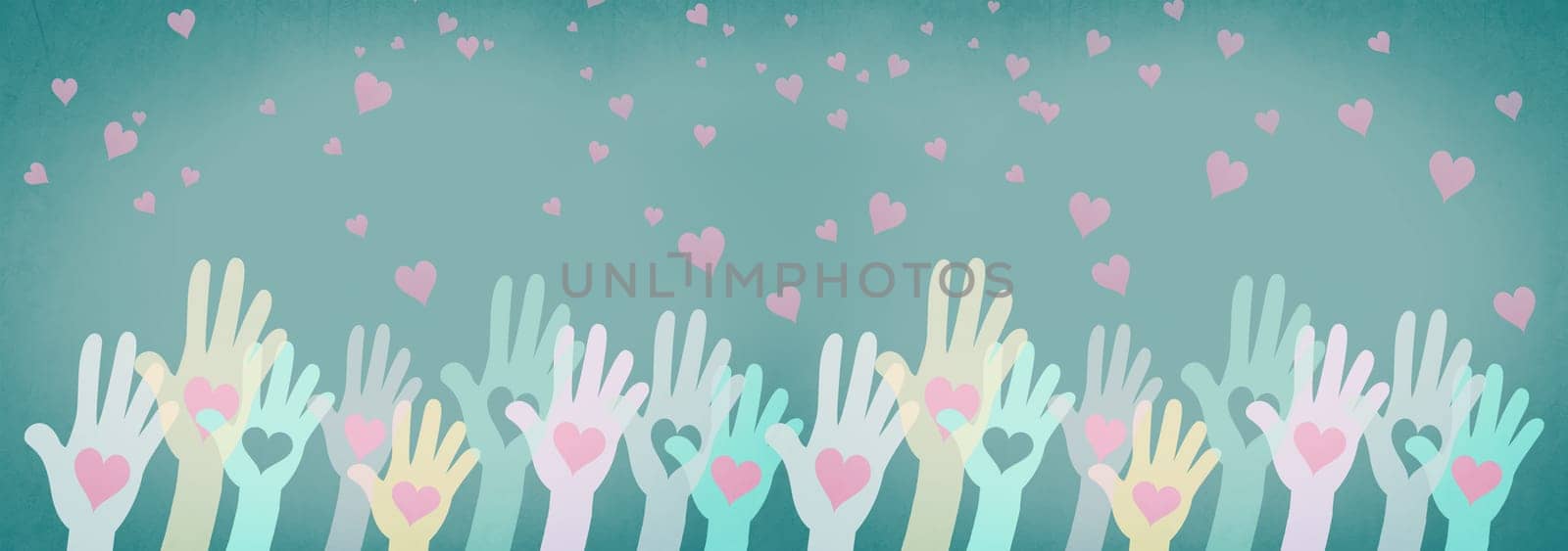 Volenteer and humanitarian help concept, charity and friendship, support teamwork, people reach their hand to colorful hearts on the wall