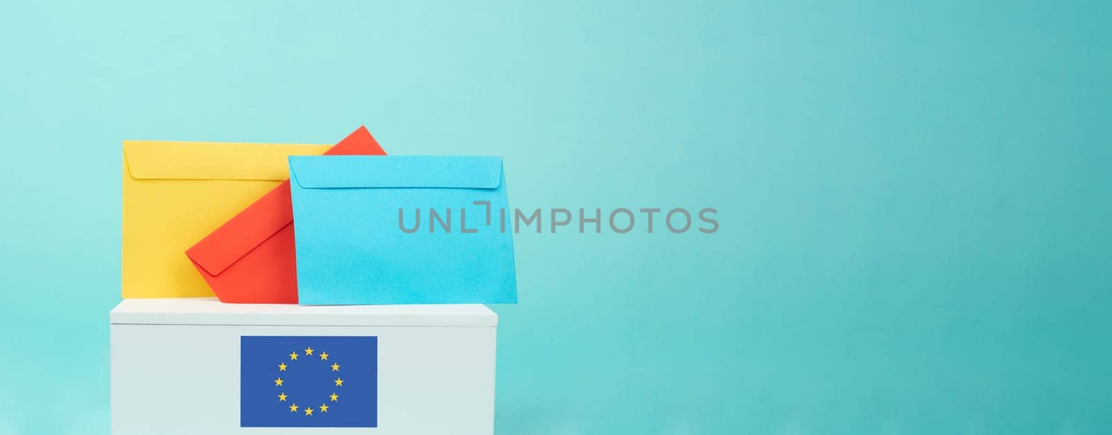 EU election, ballot box, european union flag, blue and yellow stars, citizens of Europe voting Parliament