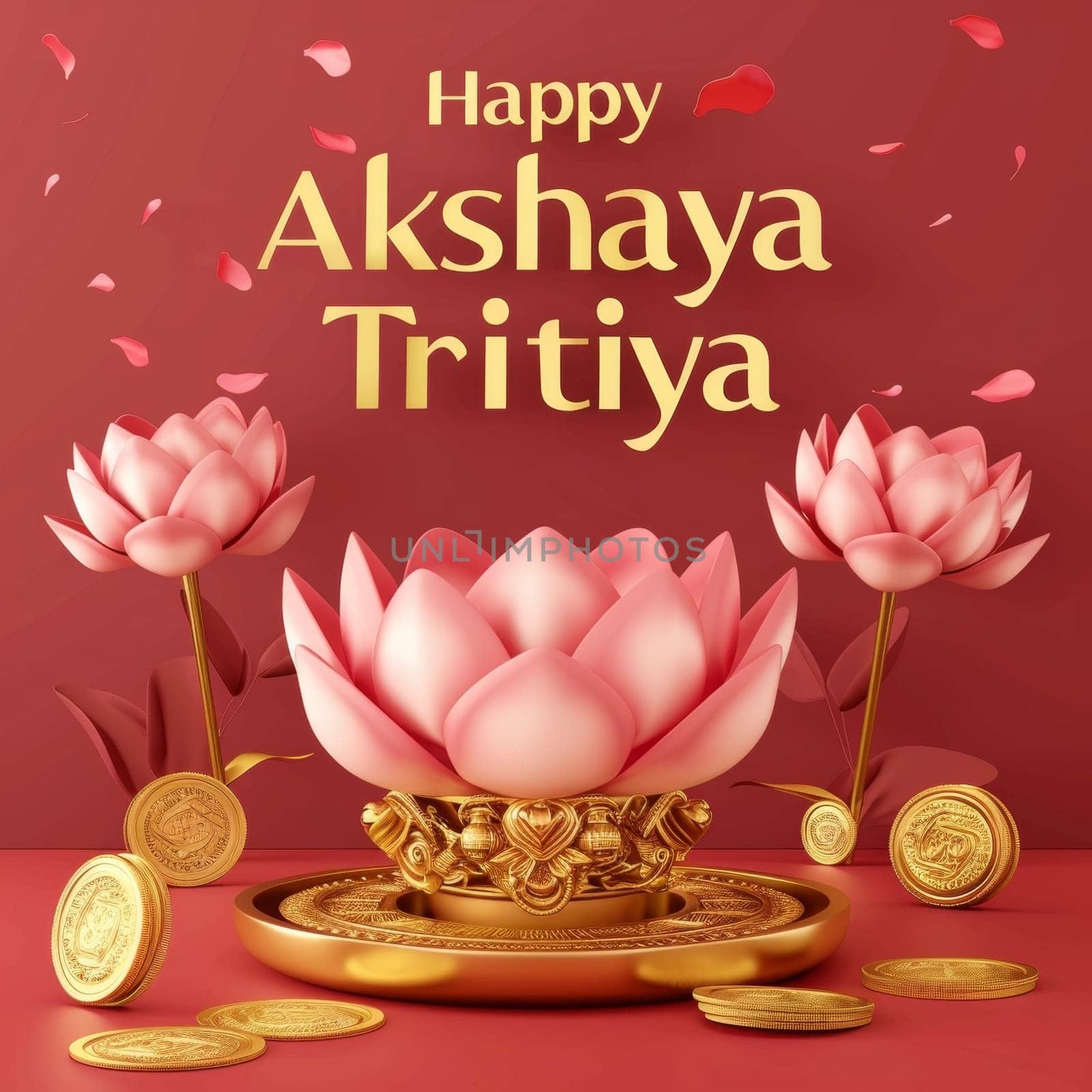 Celebratory Akshaya Tritiya graphic displaying golden lotuses, coins, and festive decorations against a lustrous red background