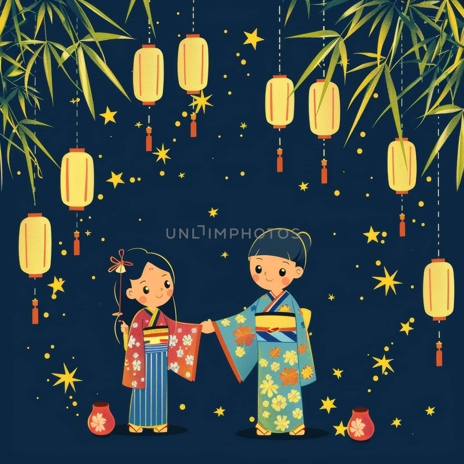 Vibrant Tanabata festival illustration with colorful streamers, Japanese text, and fireworks on a blue sky background