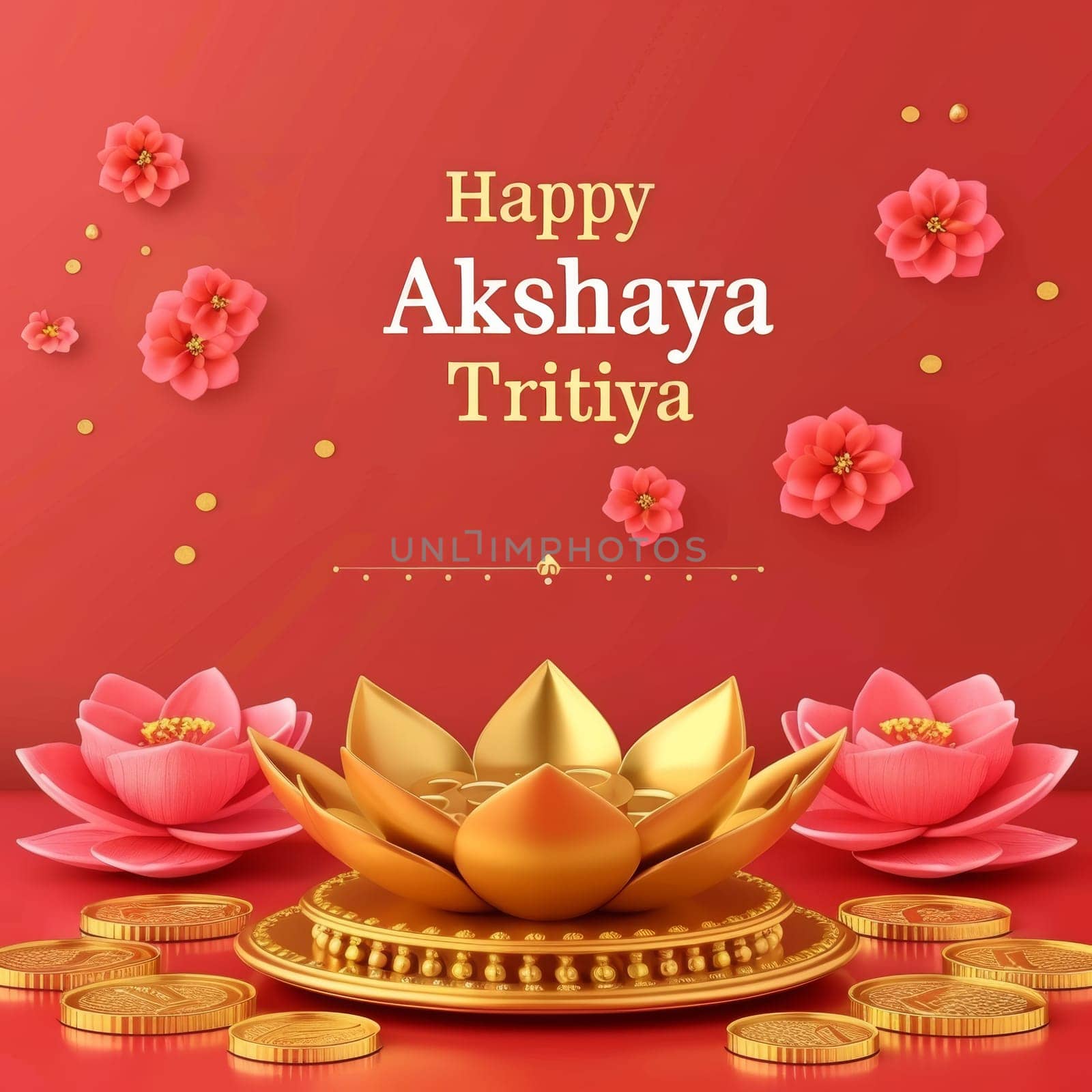 Festive Akshaya Tritiya greeting featuring a vibrant pink lotus and golden ornaments on a rich red backdrop symbolizing wealth and purity