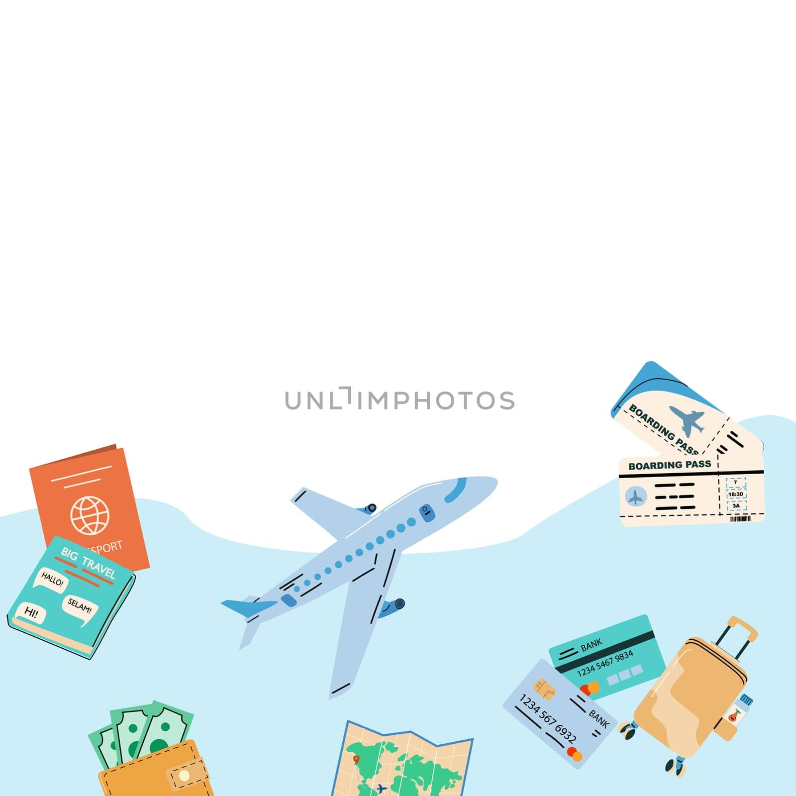 Summer vacation ticket booking concept background. Trip on plane and online service for booking ticket and hotel. Airplane, tickets, passport, phone with map cartoon banner on blue background.