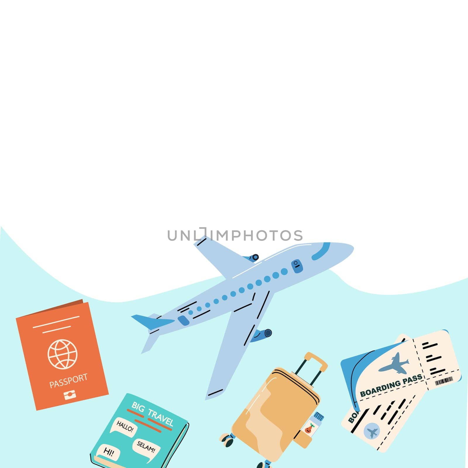 Summer vacation ticket booking concept background. Trip on plane and online service for booking ticket and hotel. Airplane, tickets, passport, phone with map cartoon banner on blue background.