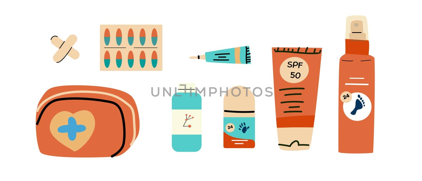 First aid case and medicine, skin protection elements. Band, tablets, creams, deodorants set.
