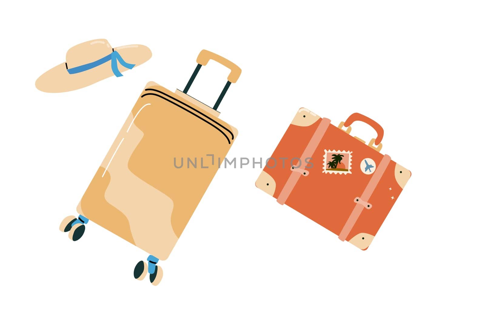 Summer vacation element of cartoon suitcase with sticker or abstract pattern and drink. Can used for stickers and patch, cover design.