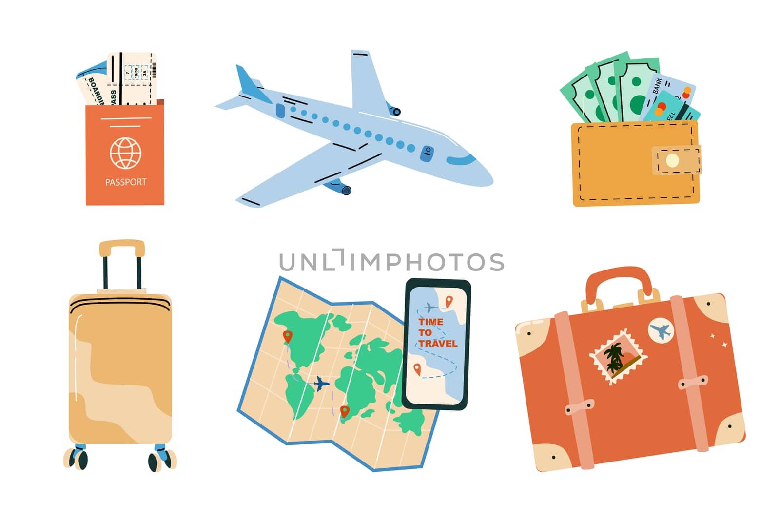 Summer vacation plane and other journey or trip elements for flight and travel to sea. Beach summer stickers palm, sunbed, umbrella, camera. Luggage, phone and paper map, airplane, suitcase and wallet, tickets. Cartoon trip patches in retro colors.