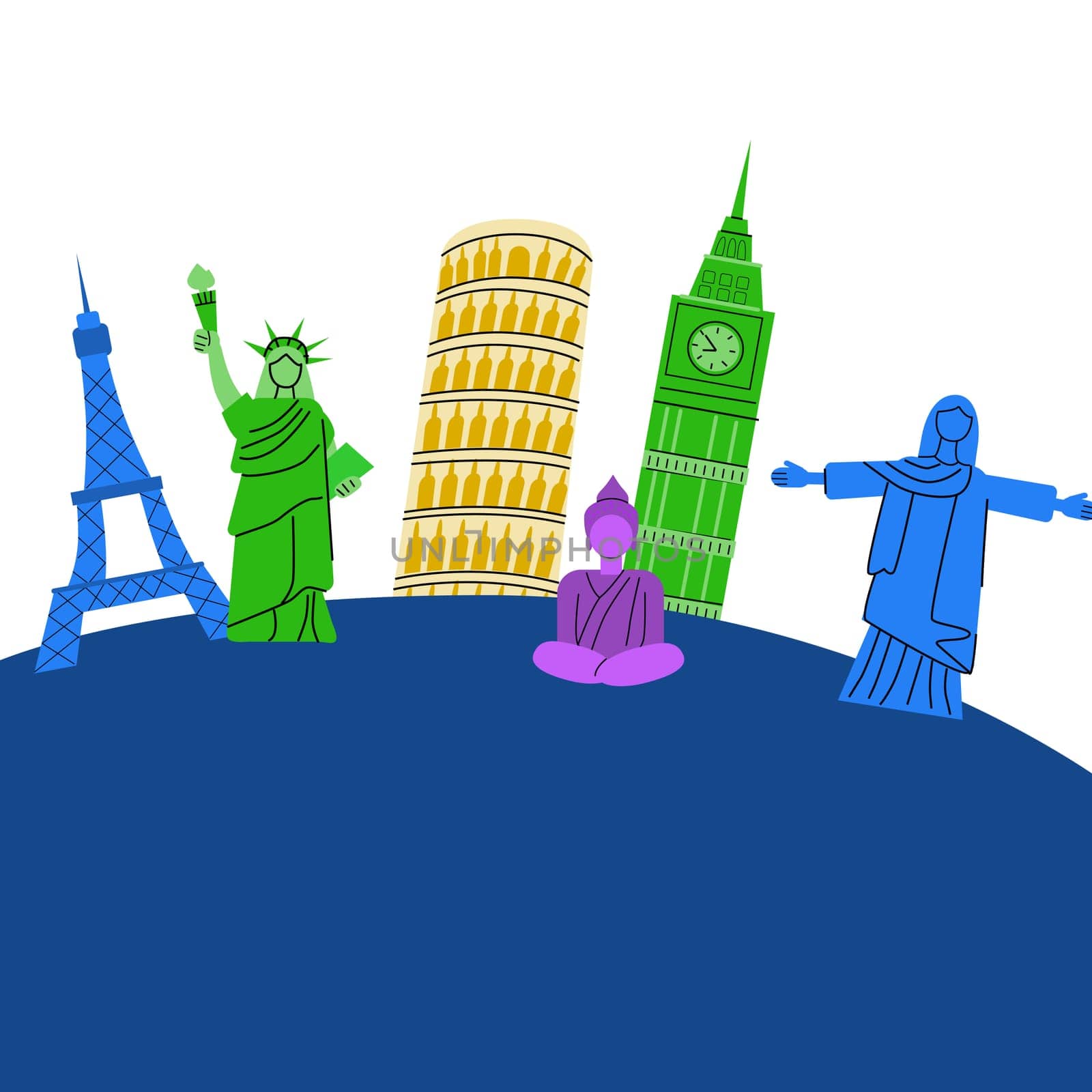 Travel destinations Europe, Asia and America famous elements. Statues and building for landmark posters, cover design.