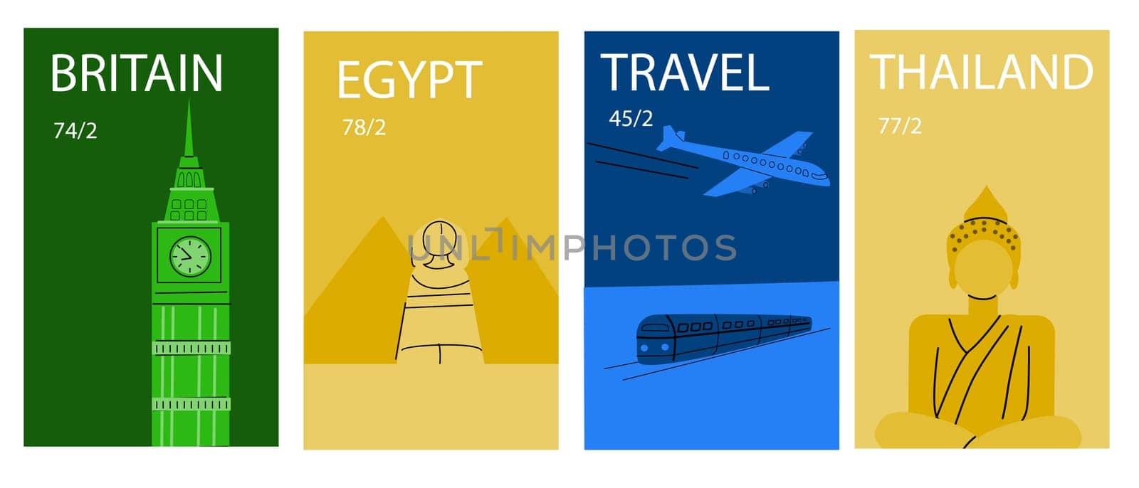 Travel destinations Europe and Asia posters set. Famous elements in world, statues and building.