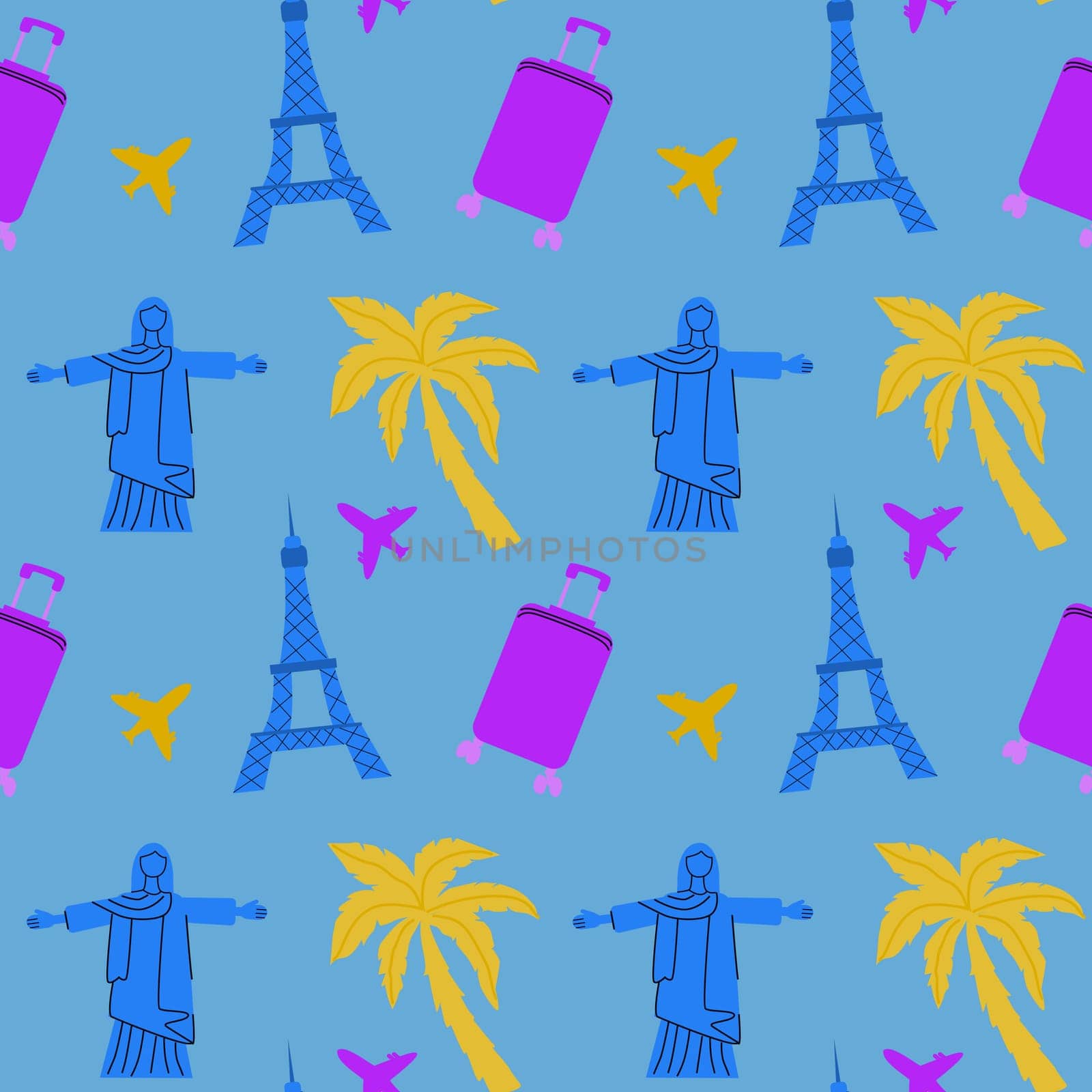 Travel destinations summer seamless pattern. Can used for textile, cover design, posters. Modern flat style.