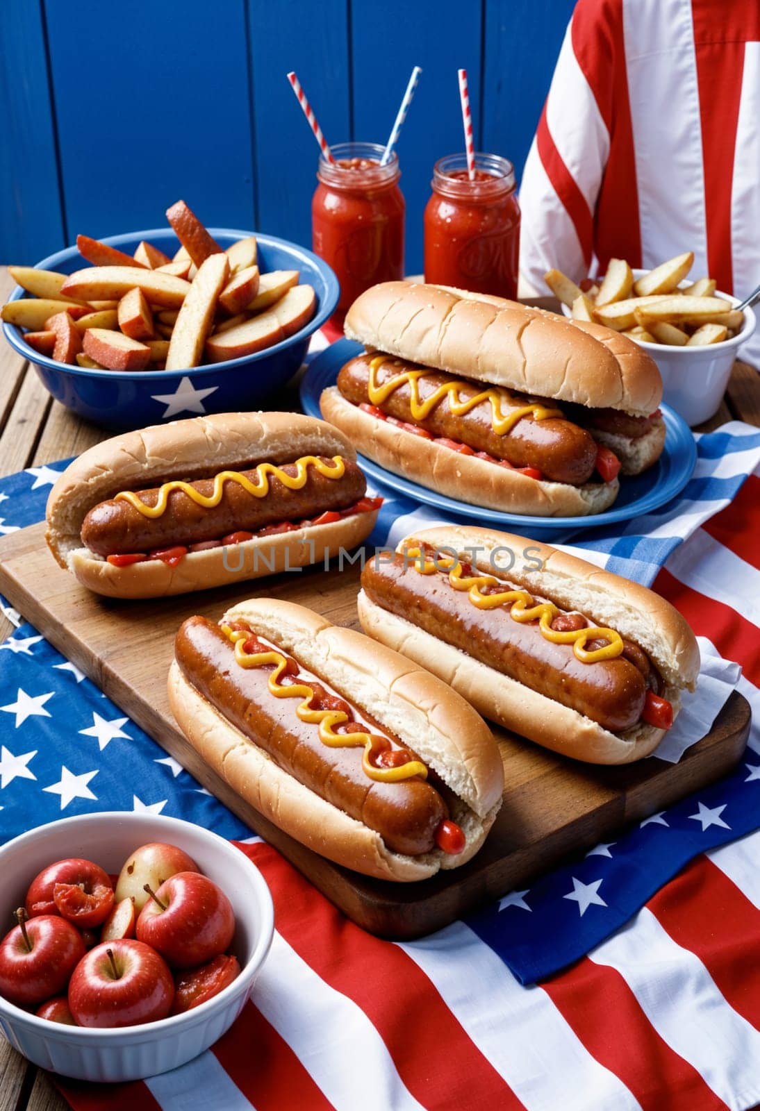 a table with american flag, hot dogs, french fries and a bowl of ketchup by davidangkawijaya