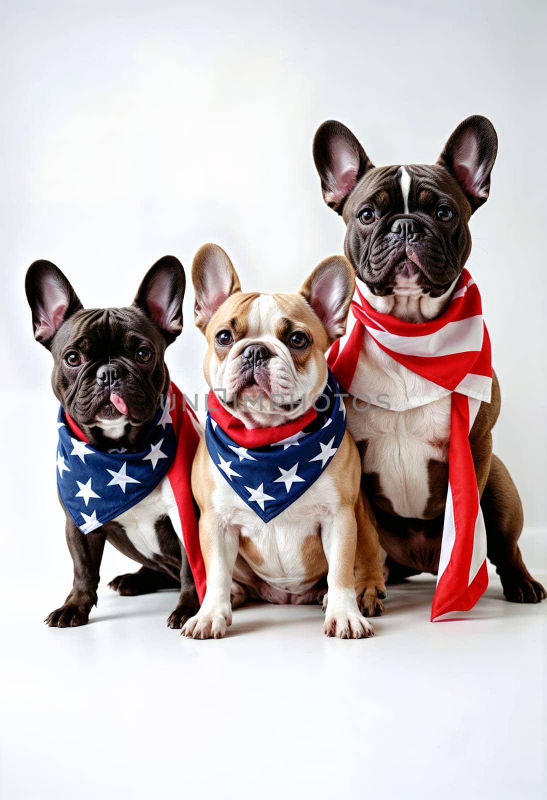 AI generated of three french bulldogs wearing american flag bandanas