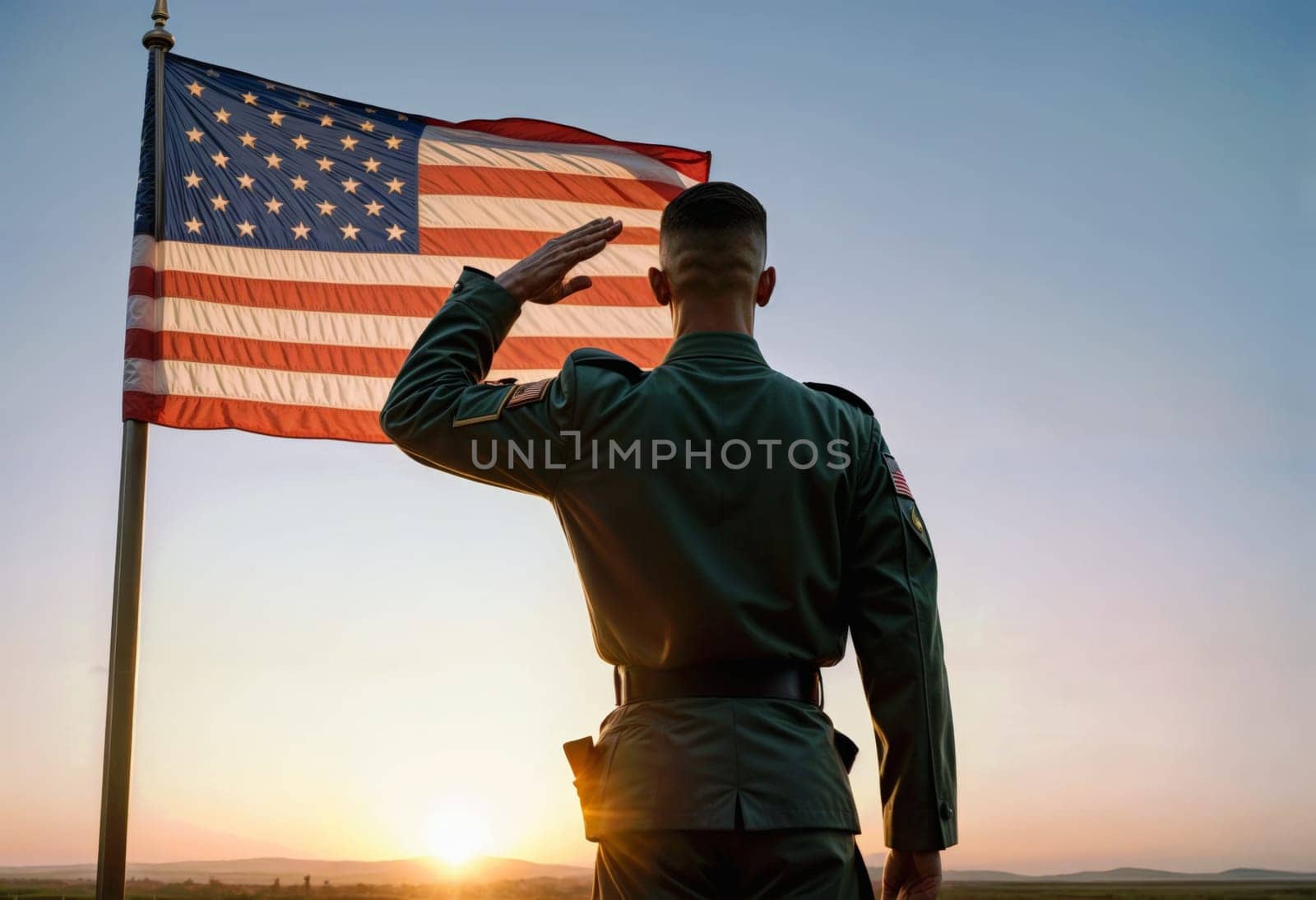 AI generated of a soldier saluting the american flag at sunset