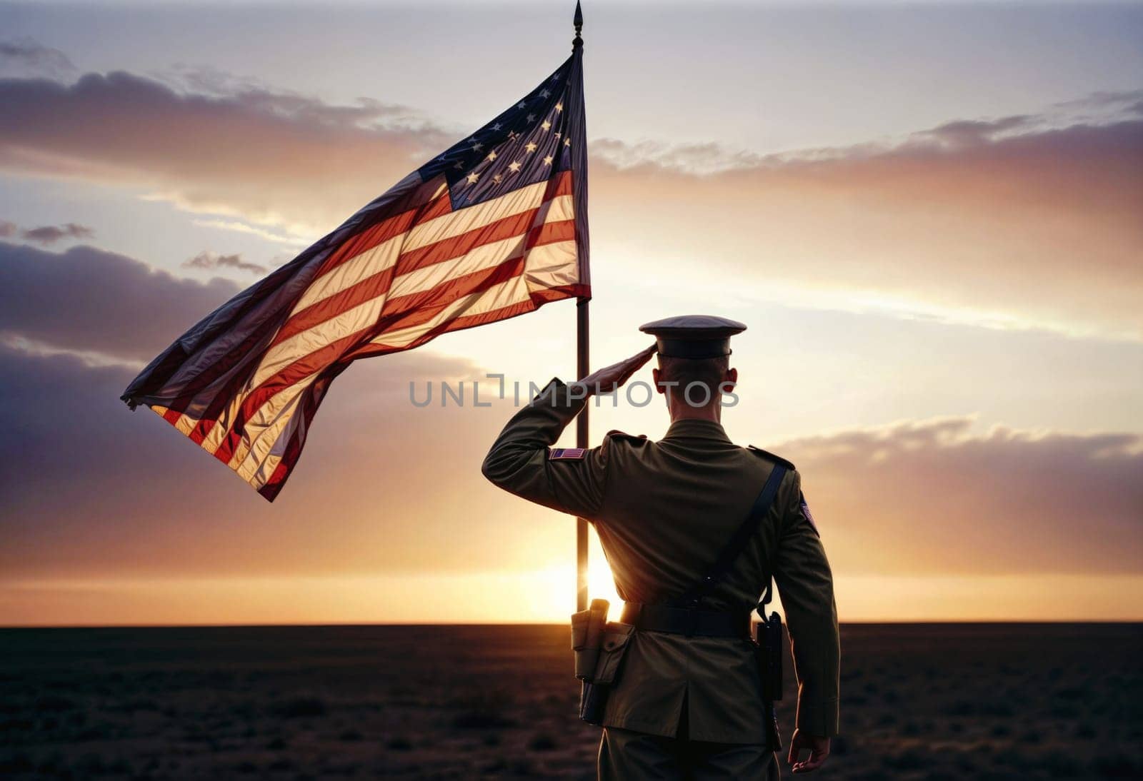 AI generated of a soldier saluting the american flag in front of him at sunset