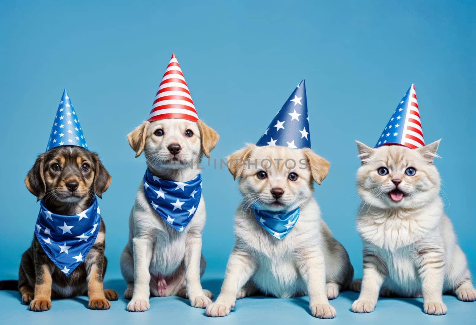 AI generated of three dogs and a cat wearing patriotic party hats and scarfs on blue background