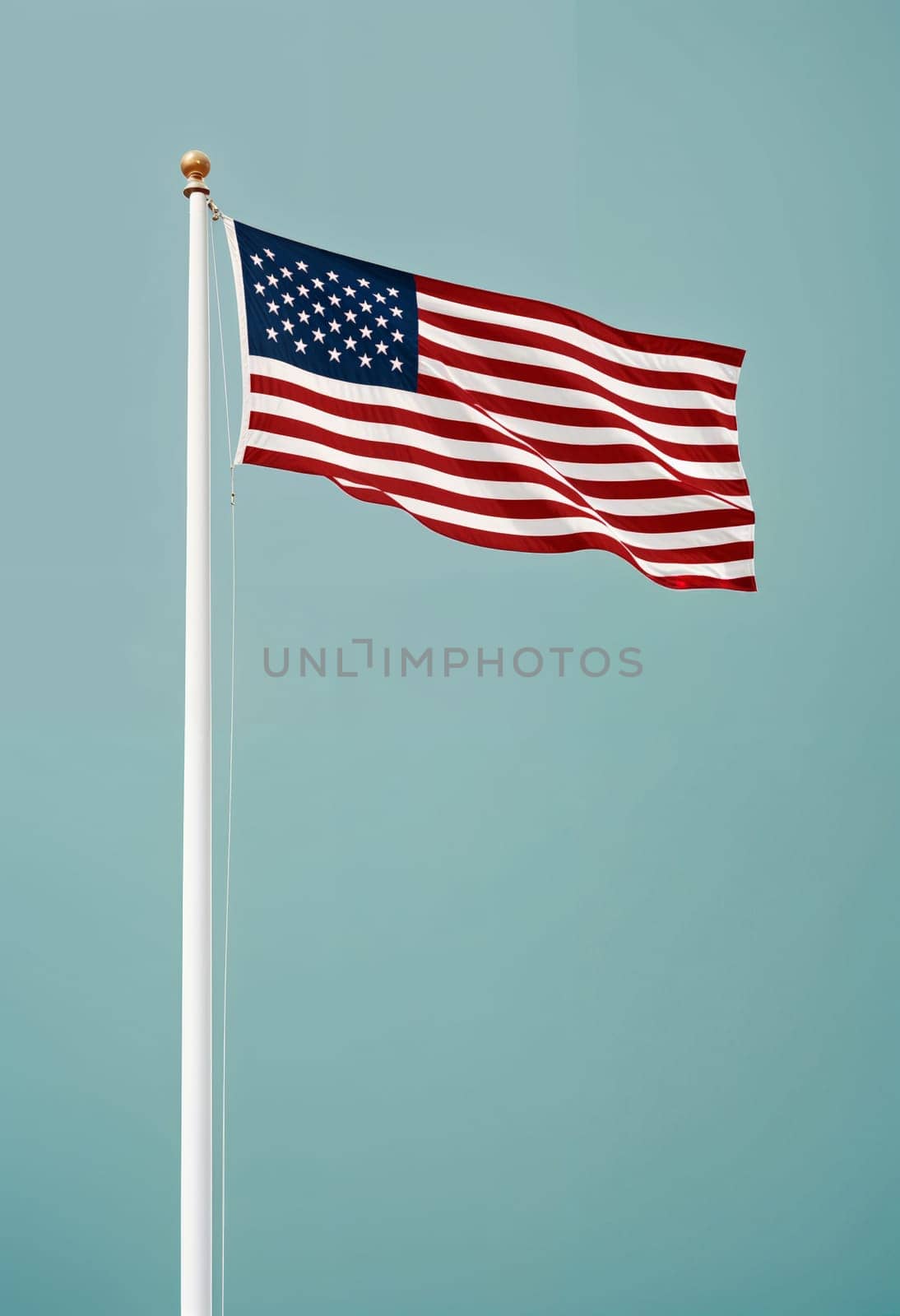 AI generated of an american flag with pole flying in the wind on turqoise background
