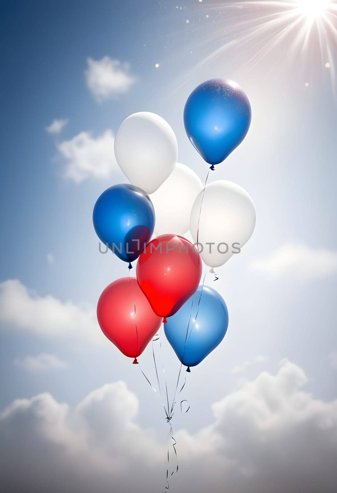 AI generated of red white and blue balloons on a blue sky background with sun shining on it
