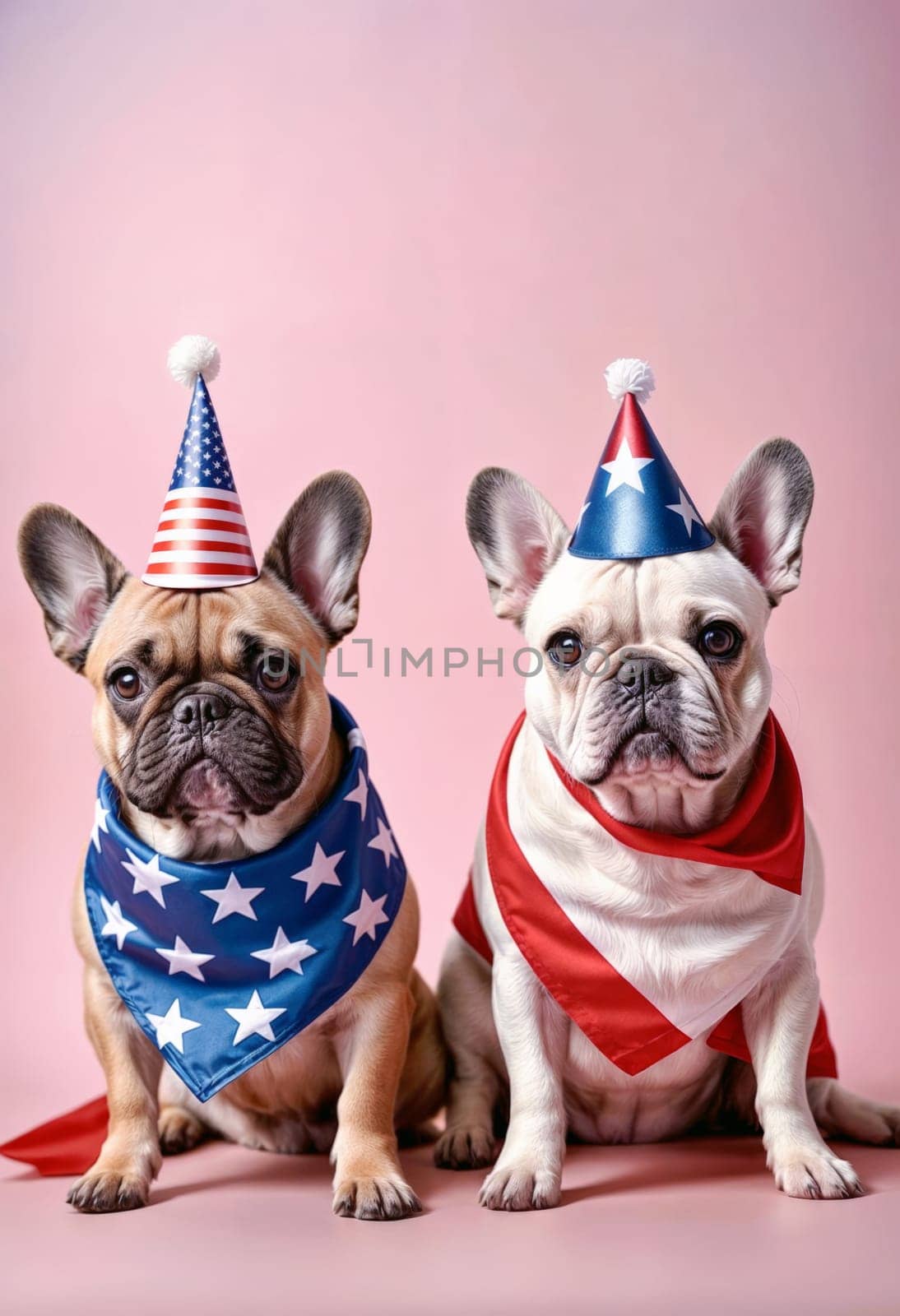 AI generated of two french bulldogs wearing patriotic party hats with the american flags on them
