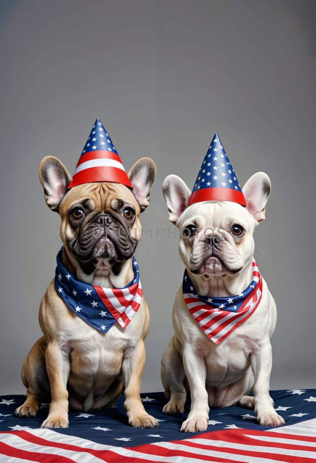 AI generated of two french bulldogs wearing patriotic hats with american flags on it