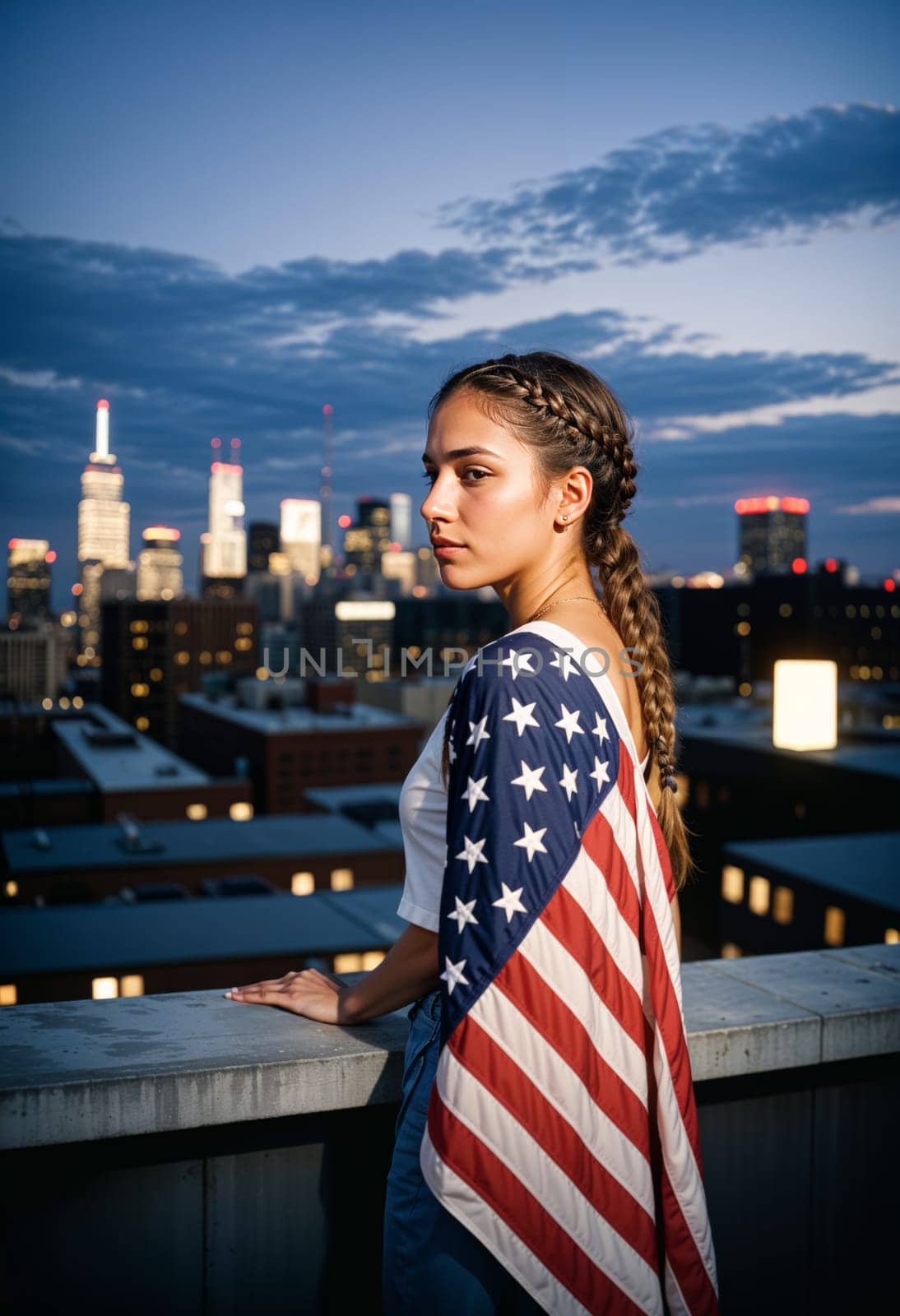 AI generated of a woman with braids and an american flag on her shoulder stands on a ledge with the city behind her
