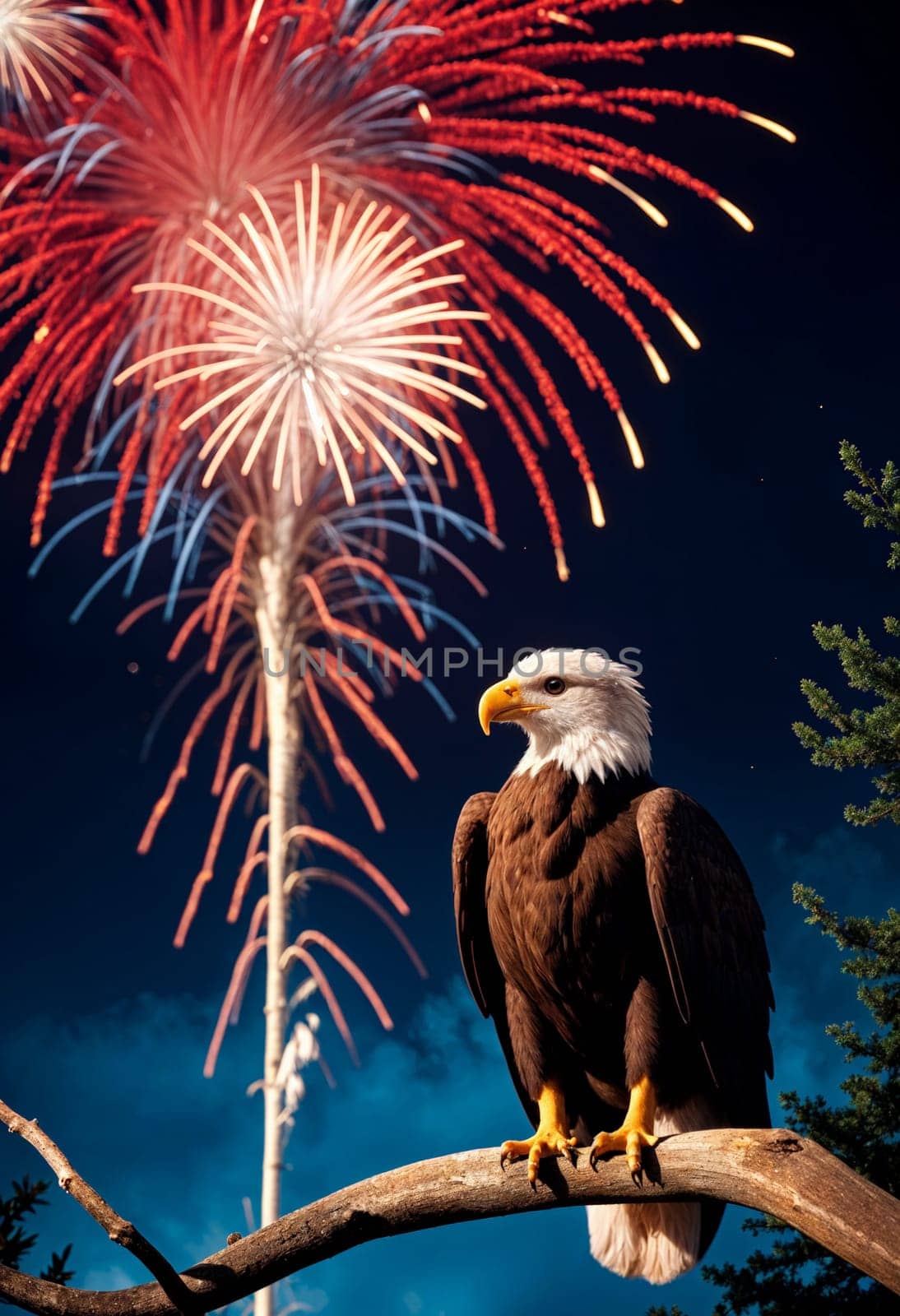 AI generated of a bald eagle sitting on a branch watching fireworks in the background