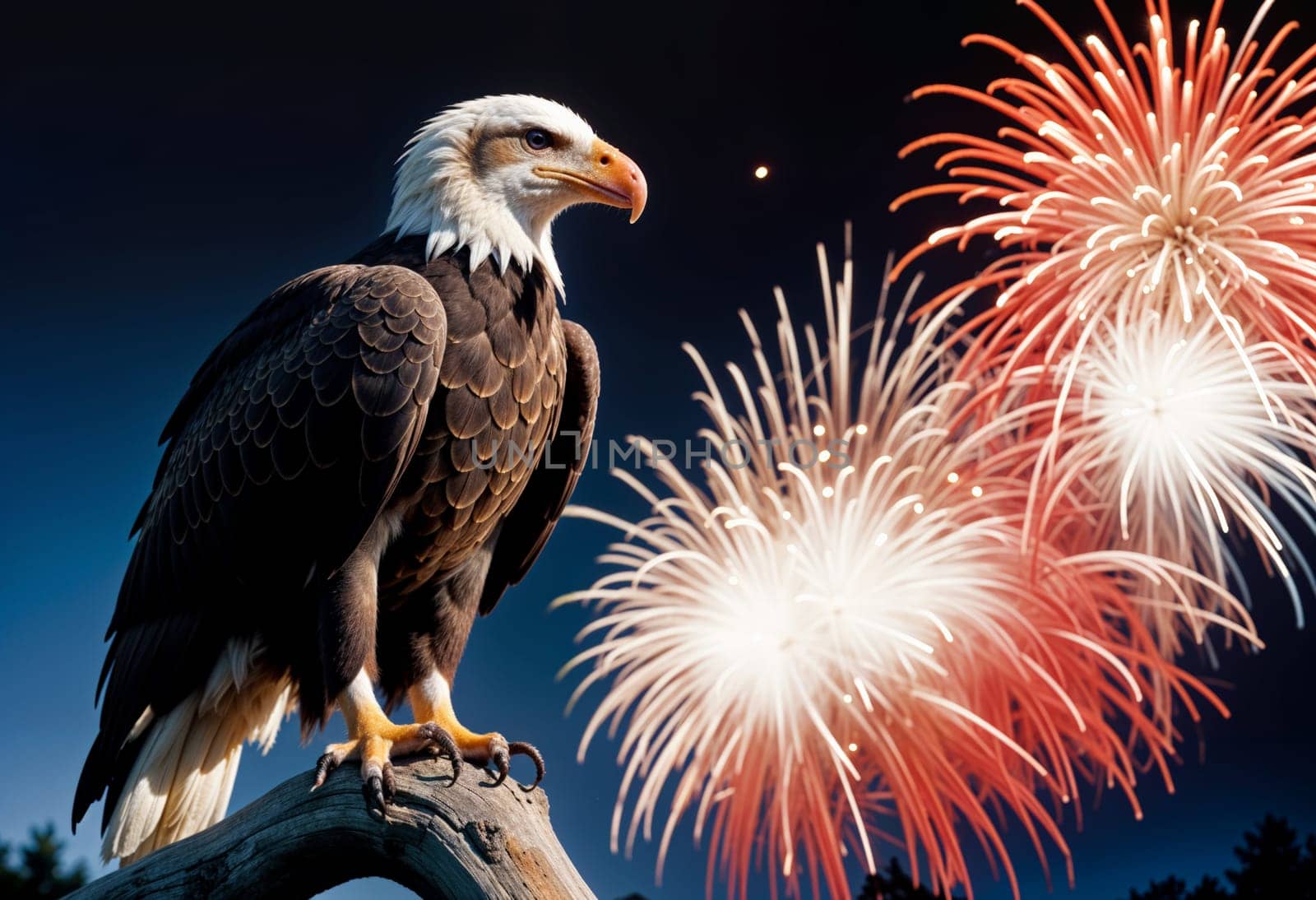 AI generated of a bald eagle sitting on a branch with fireworks in the background
