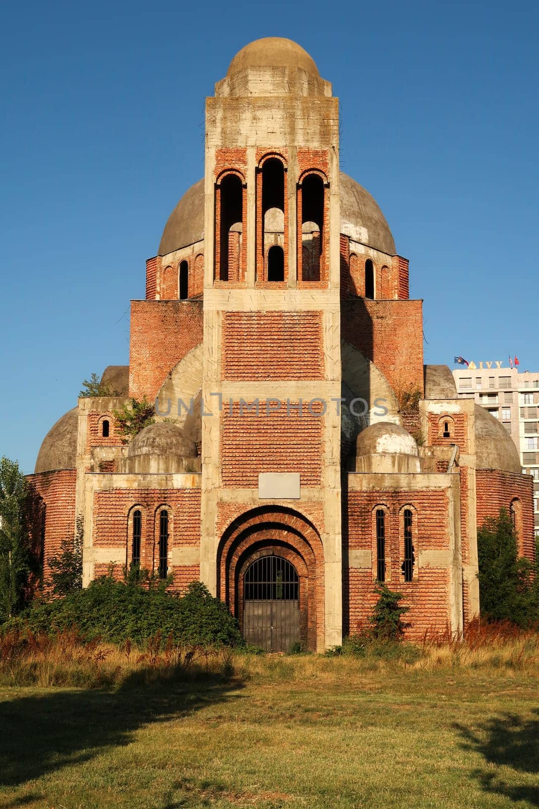 The front facade of the Christ the Savior Cathedral, Church, an unfinished christian, serbian orthodox cathedral, church in the city center of Prishtina, Pristina, Kosovo 2022