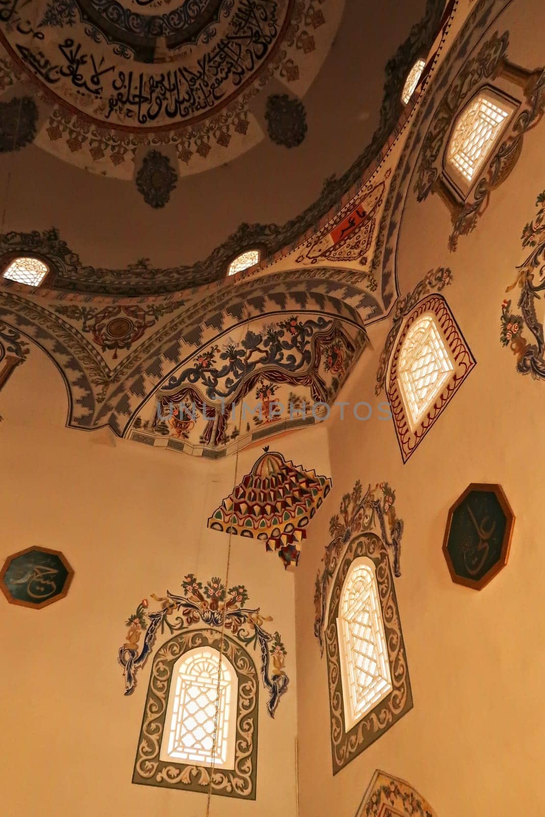 Elaborate ceiling and wall painting, fresco, decoration, pattern, ornament inside the Sinan Pasha Mosque, an ottoman mosque in the old town of Prizren, Kosovo 2022