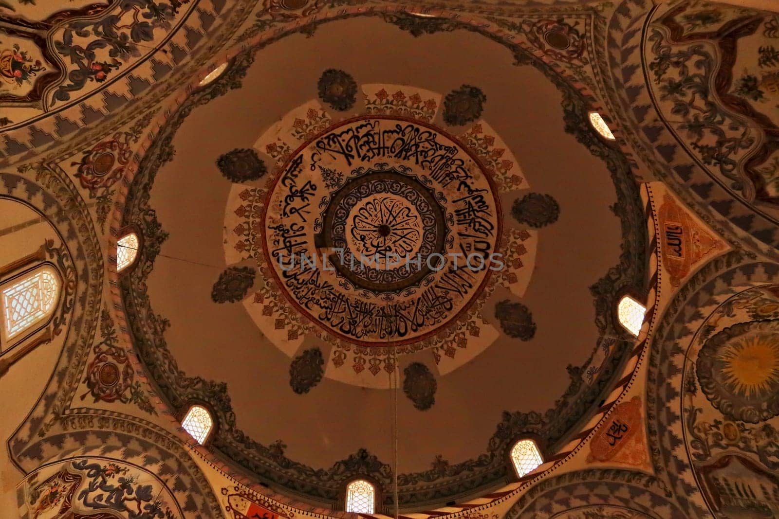 Elaborate ceiling painting, fresco, decoration, pattern, ornament inside the Sinan Pasha Mosque, an ottoman mosque in the old town of Prizren, Kosovo 2022