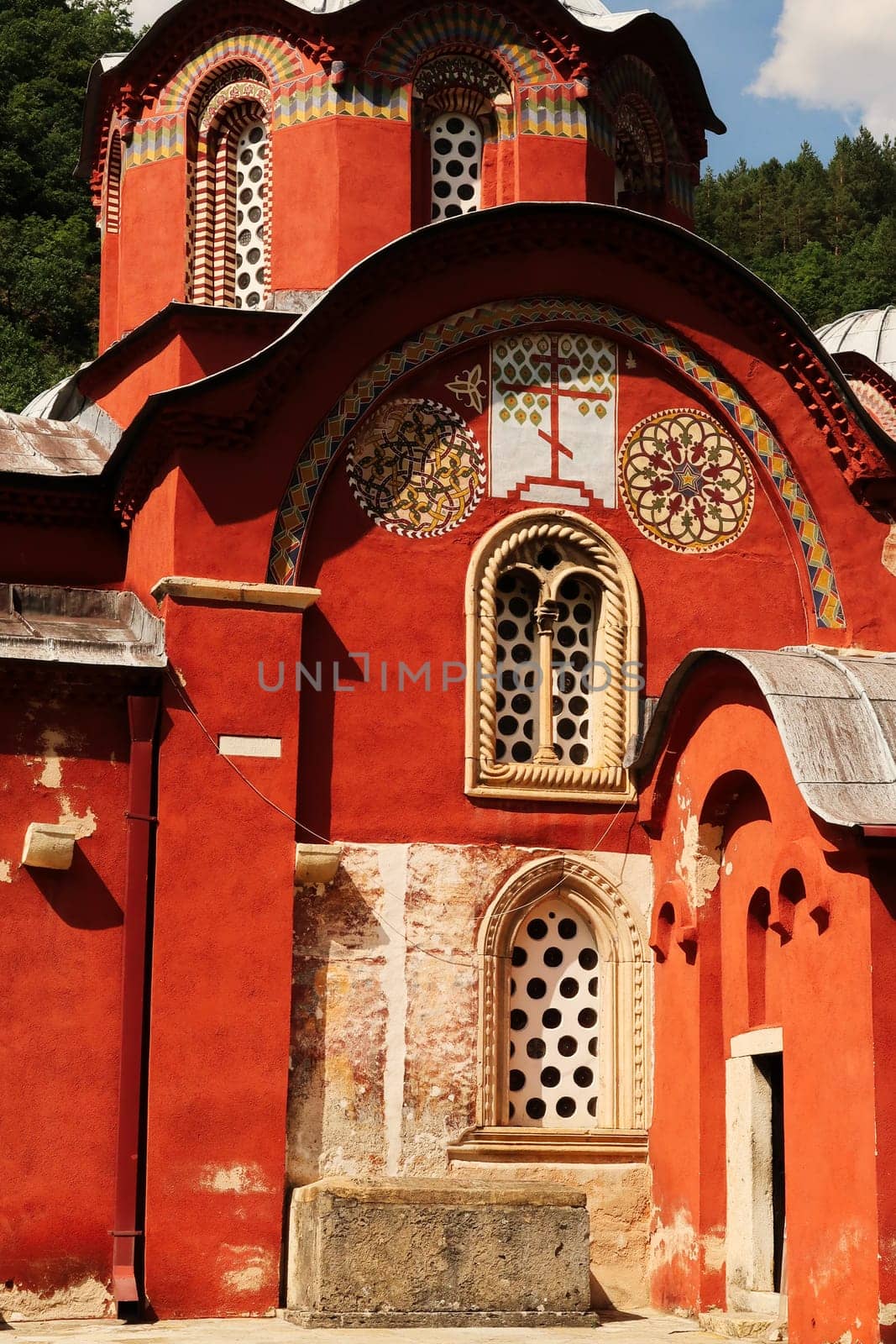 Elaborate facade and entrance door of the Church Complex of the Patriarchate of Pec Monastery, outside of Peja, Kosovo 2022