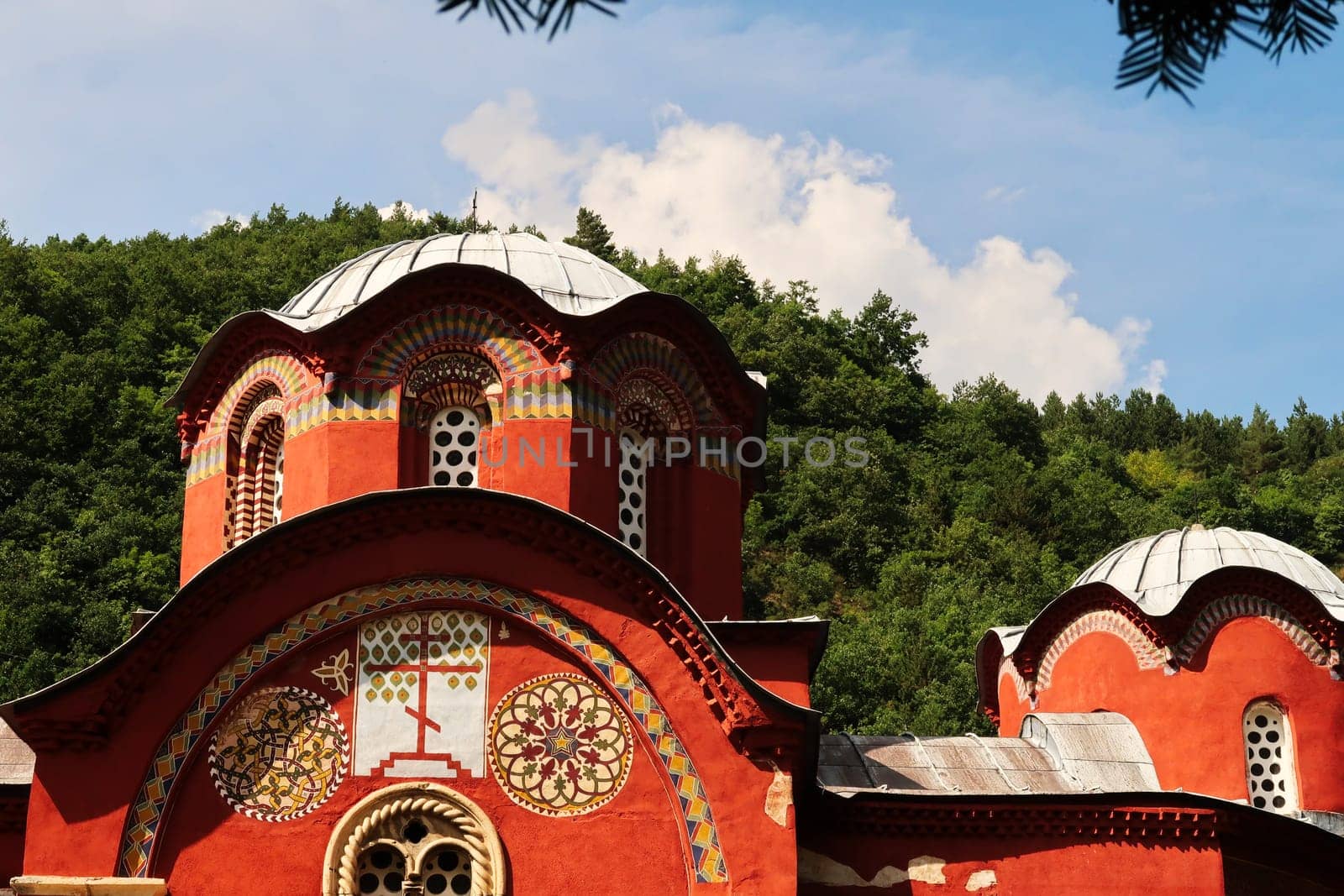The upper facade and roof, domes, cupolas of the Church Complex of the Patriarchate of Pec Monastery, outside of Peja, Kosovo 2022