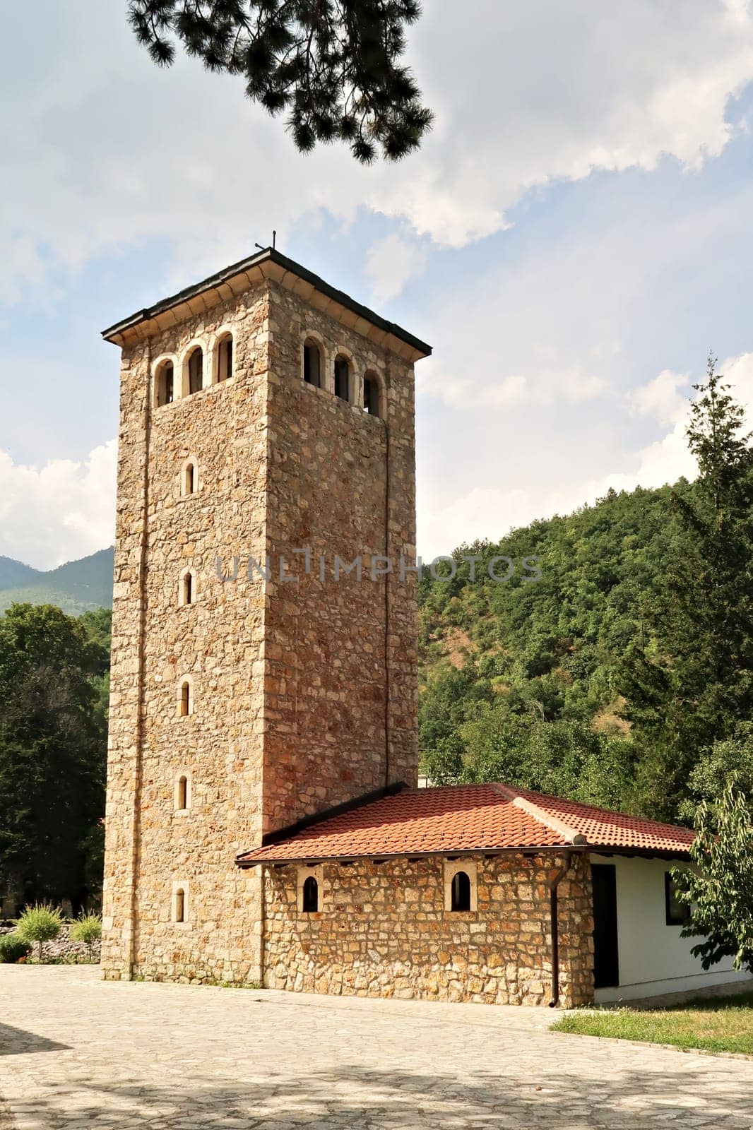 The tower, bell tower inside the courtyard of the Patriarchate of Pec Monastery, outside Peja, Kosovo 2022