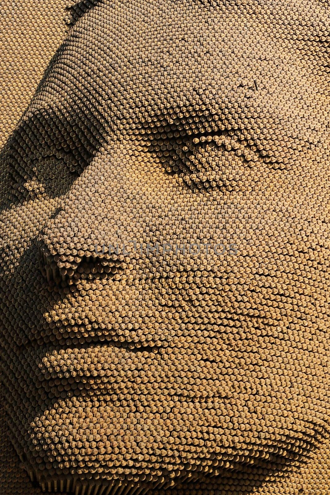 Close look on the pins that form the womans face of Heroinat Memorial, a sculpture in the city center of Prishtina, Pristina to commemorate the crimes commited against women in the Kosovo war, Kosovo, 25th of July 2022
