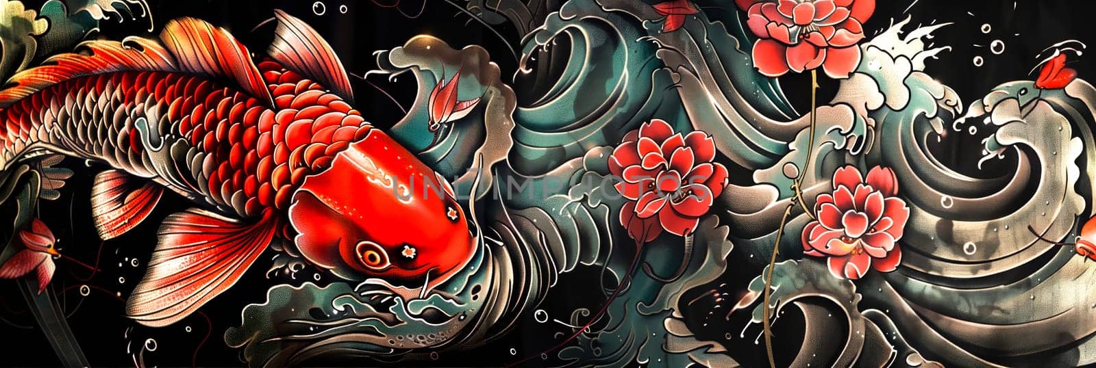 Colorful illustration  koi fish  wave patterns  lotus flowers japanese background