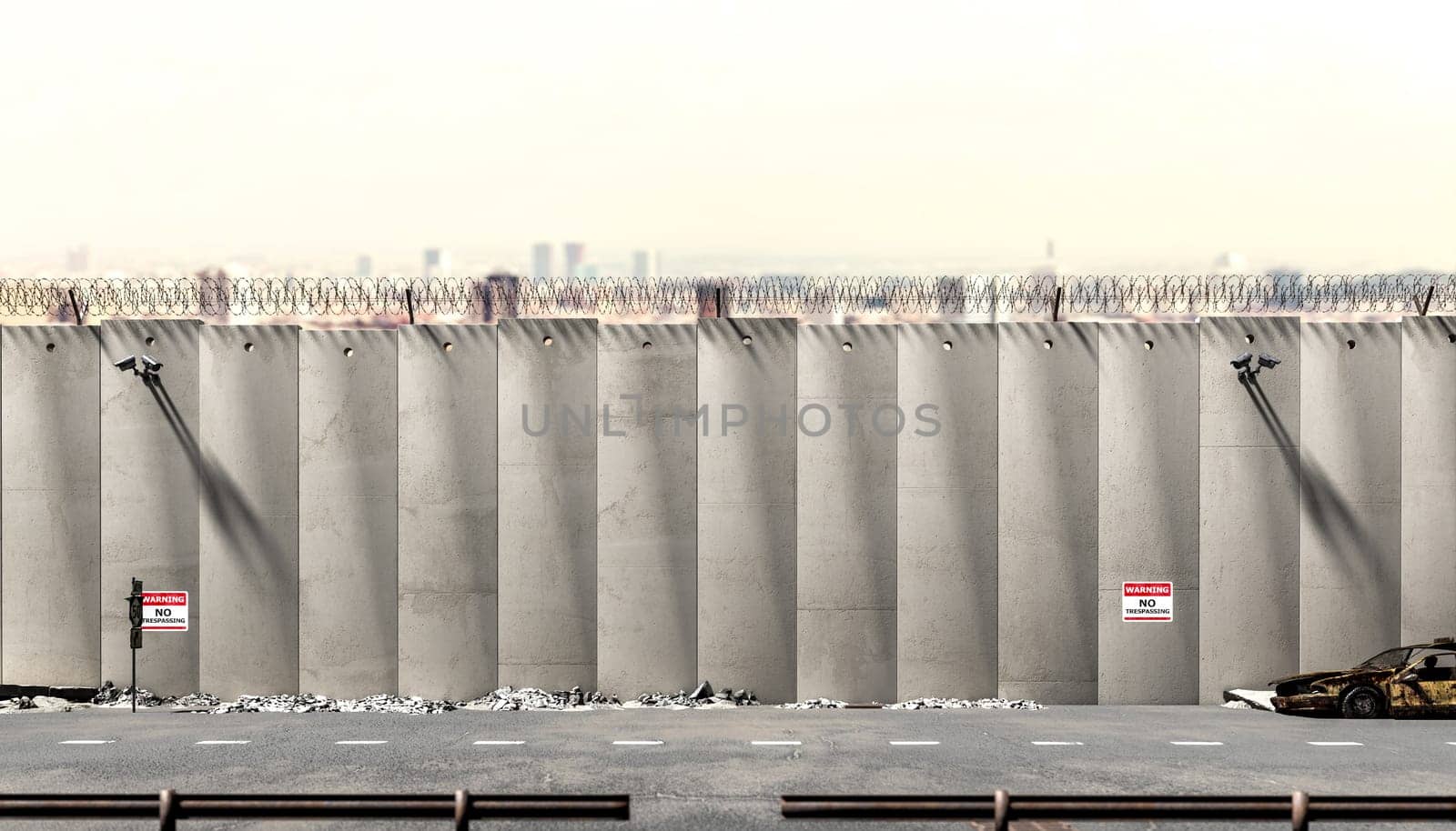 concrete wall  surveillance cameras road,  city skyline security border