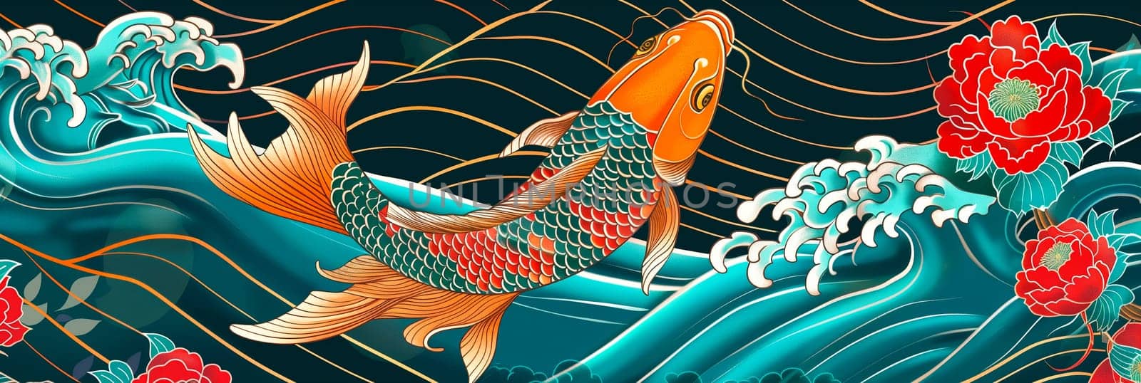 illustration koi fish swimming  stylized waves flowers japanese background