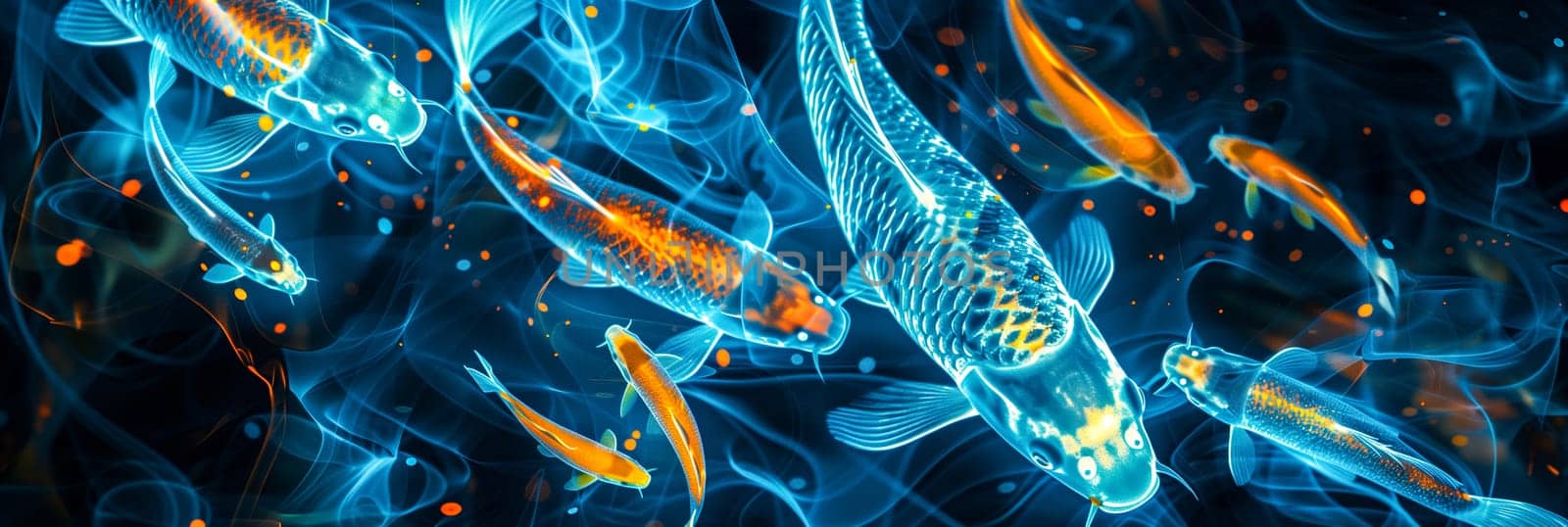 Abstract digital art neon koi fish swimming dark, illuminated water background