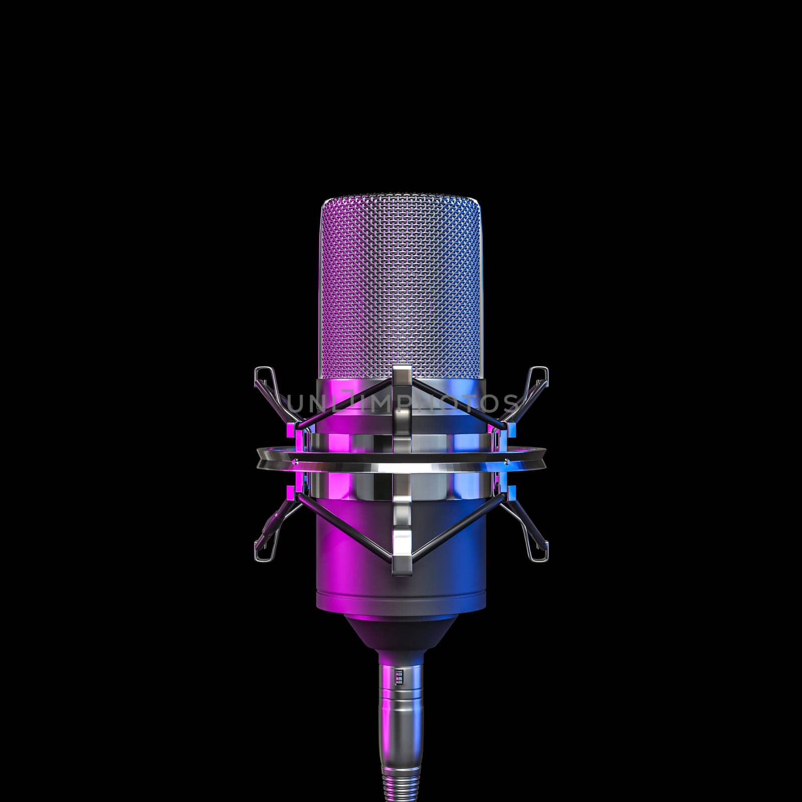 microphone blue, violet light isolated black backdrop, recording broadcasting