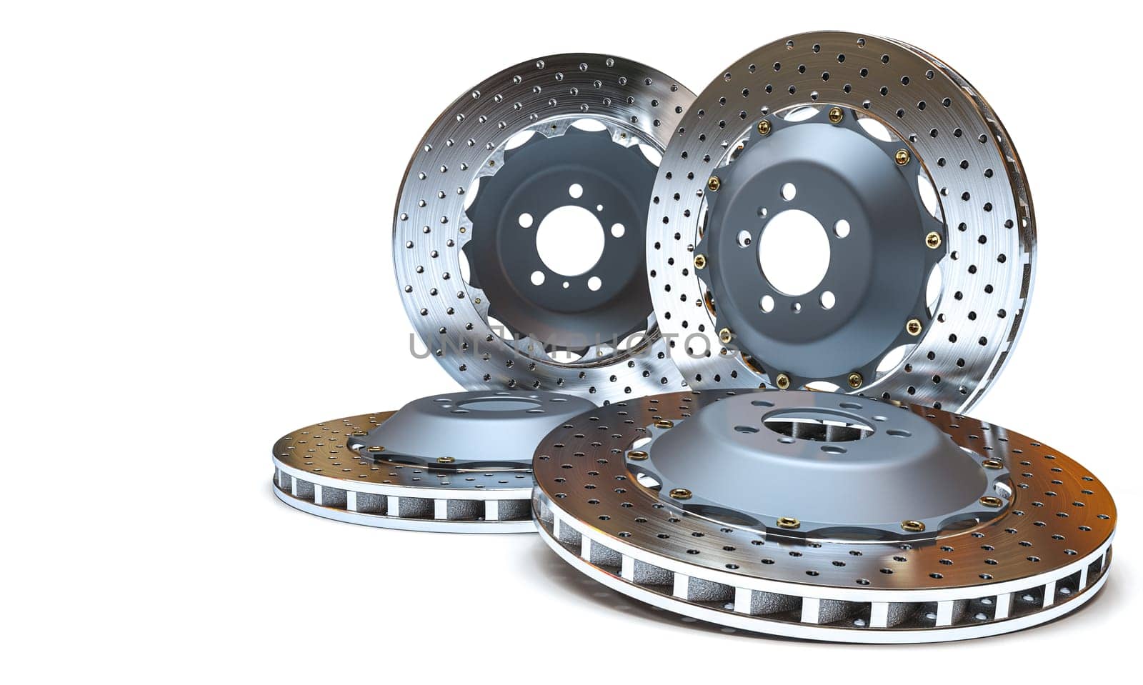 three ventilated car brake discs isolated on white background copyspace