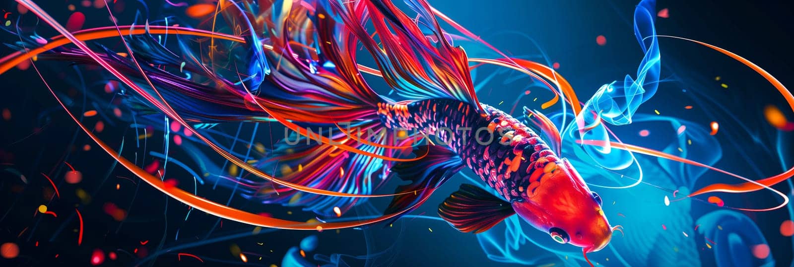 red blue  koi fish  neon light trails  dark aquatic background japanese