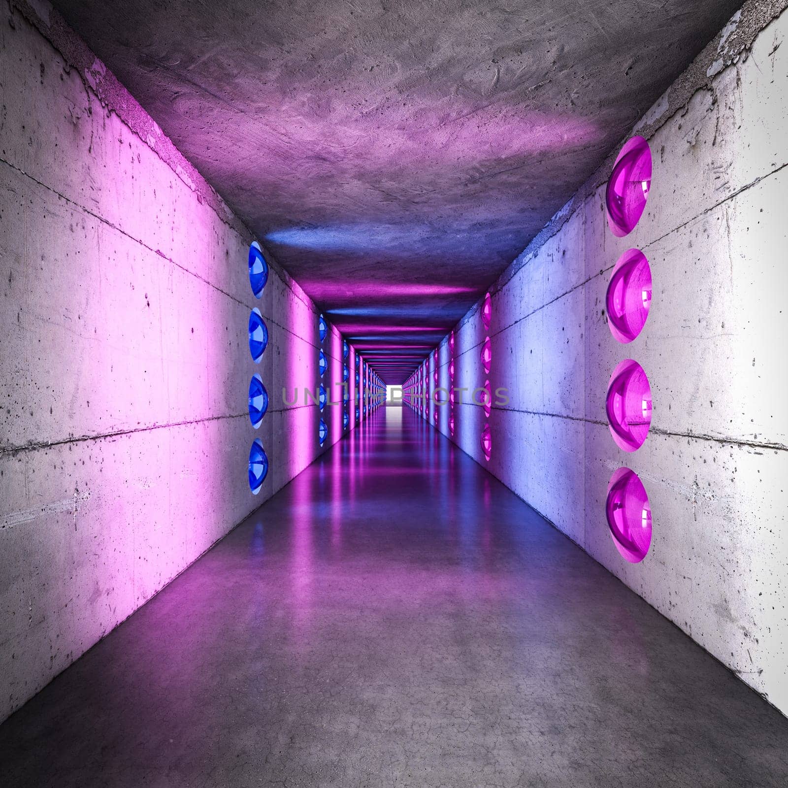 Long corridor  concrete walls illuminated  colorful circular lights
