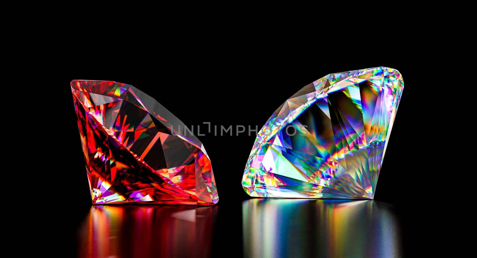 Two sparkling multi-colored diamonds shine  dark backdrop luxury success