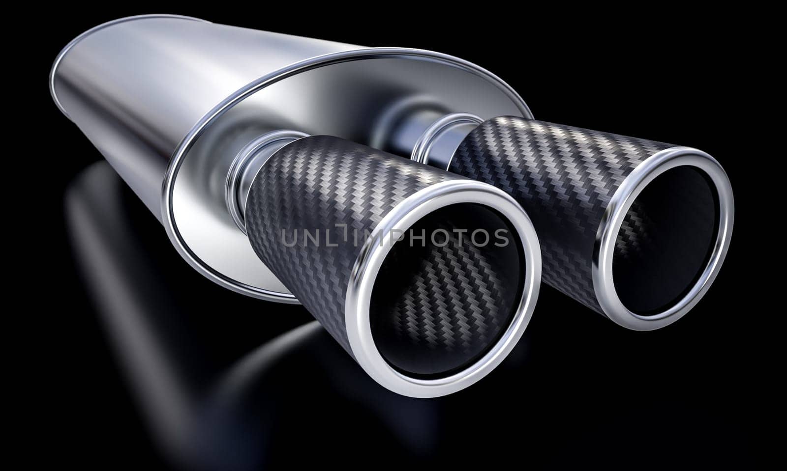 shiny carbon fiber steel car exhaust black background. automotive racing