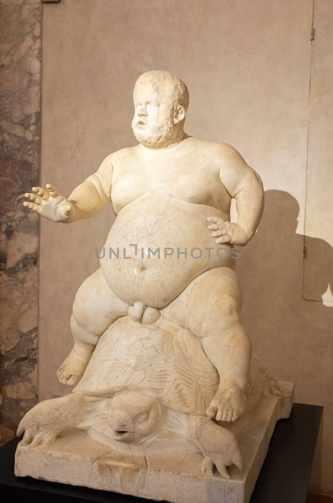 Florence, Italy - 28 December 2023: Morgante riding a tortoise, marble statue by Valerio Cioli, 1568. The dwarf Morgante belonged to the Medici family entourage. Original sculpture located in Boboli Gardens.