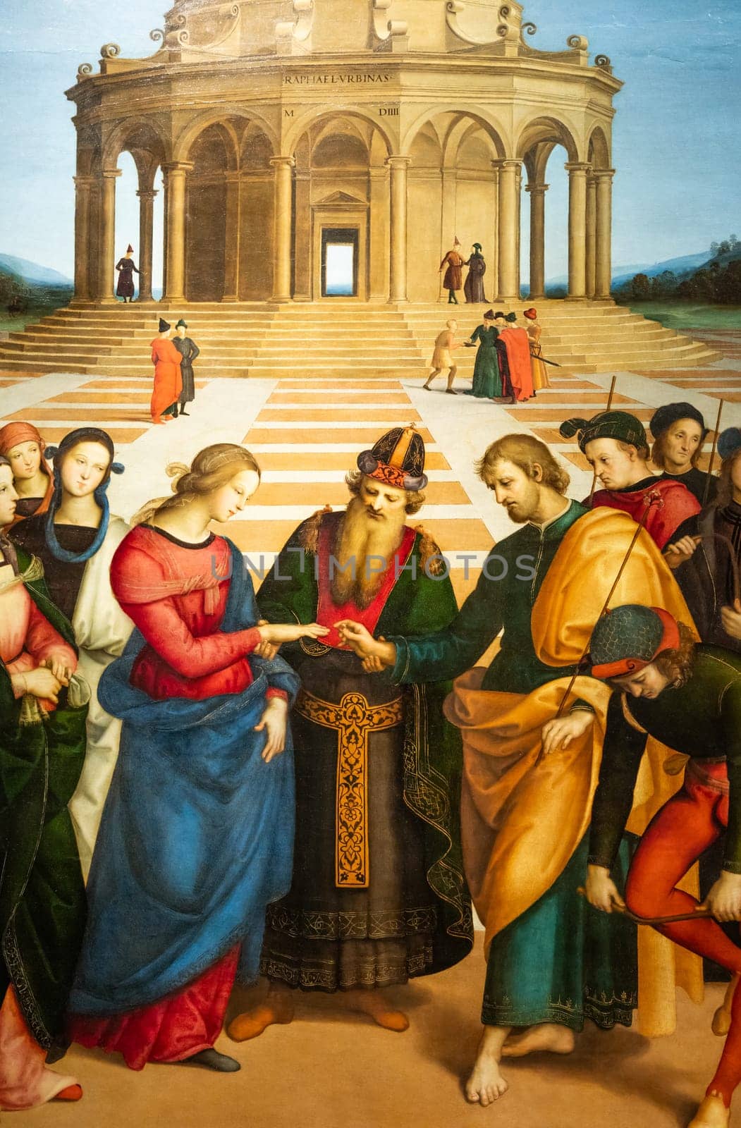 Milan, Italy - 23 September 2023: Brera antique painting museum. Marriage of the Virgin, by Raffaello Sanzio - Raphael, 1504