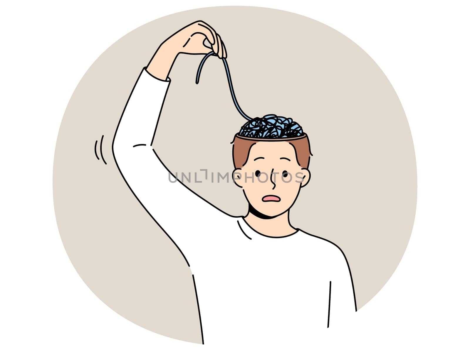 Man with mental problems associated with confusion needs help of psychologist to improve mental health. Young guy is confused trying to unravel threads in brain and looks into camera