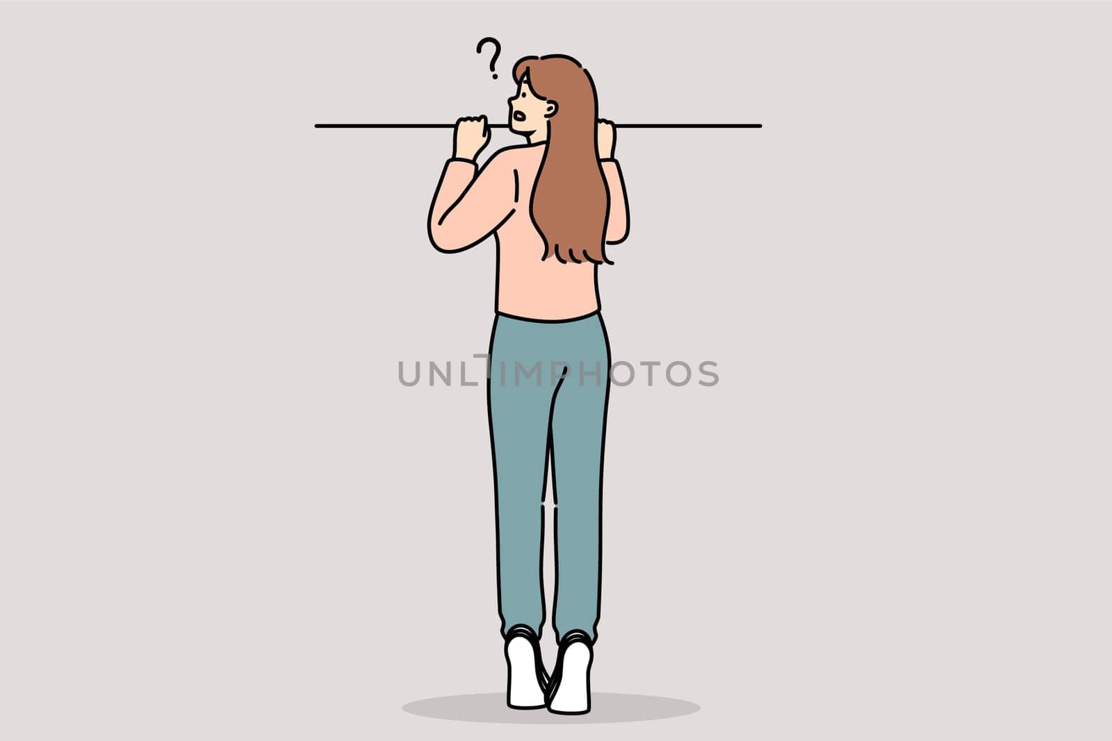 Curious woman peeks out from behind fence, standing on tiptoes to spy on neighbors. Curious girl does not understand what is happening and suffers due to lack of information that raises new questions.